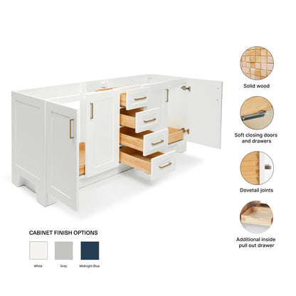Emilia 72-inch White base cabinet on feature highlights: solid wood frame, soft-close doors and drawers, Sherwin-Williams paint finish