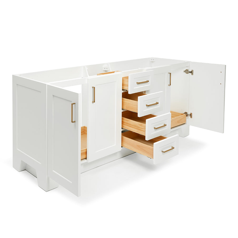 Emilia 72-inch White base cabinet on white back ground side view open door