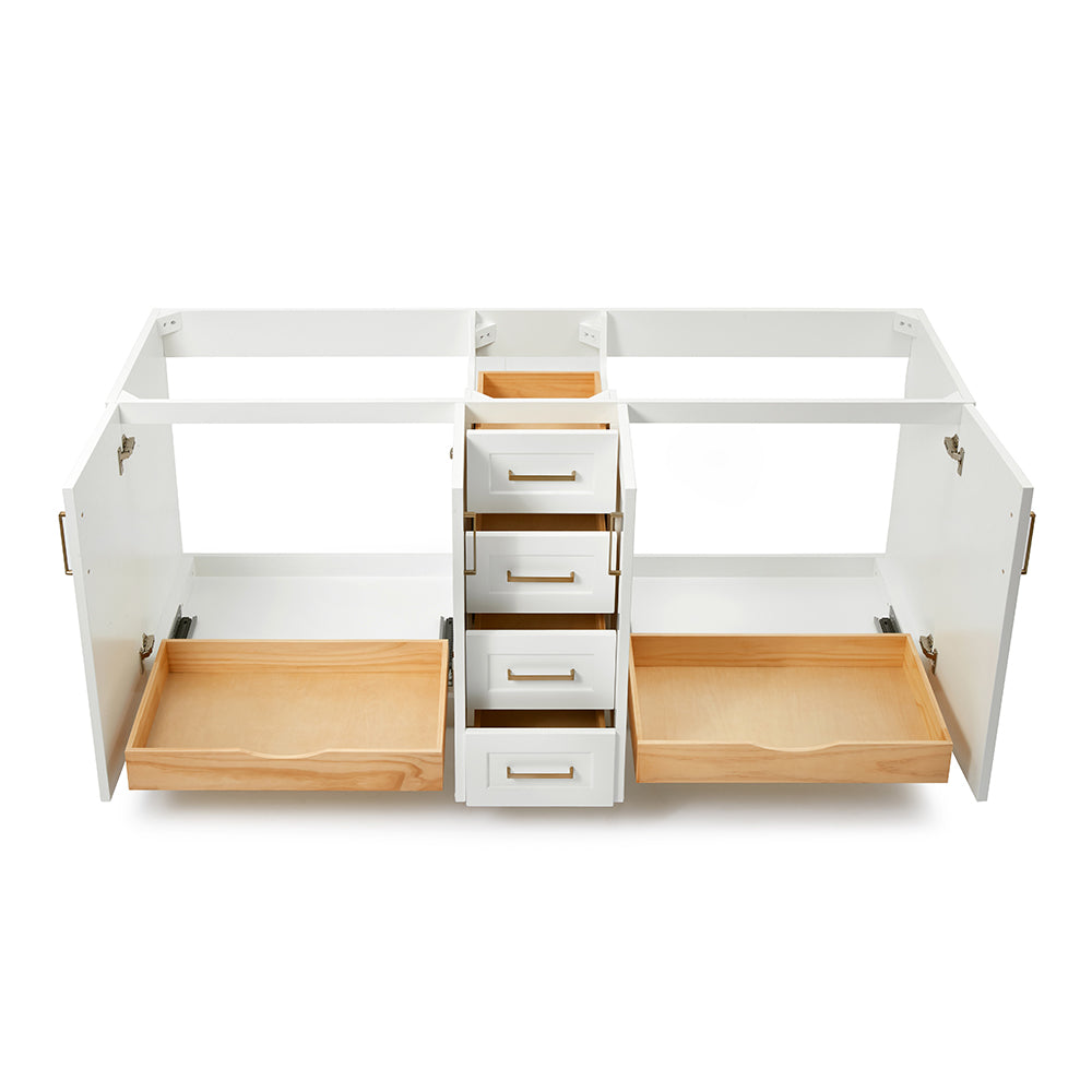 Emilia 72-inch White base cabinet on white back ground front view open door