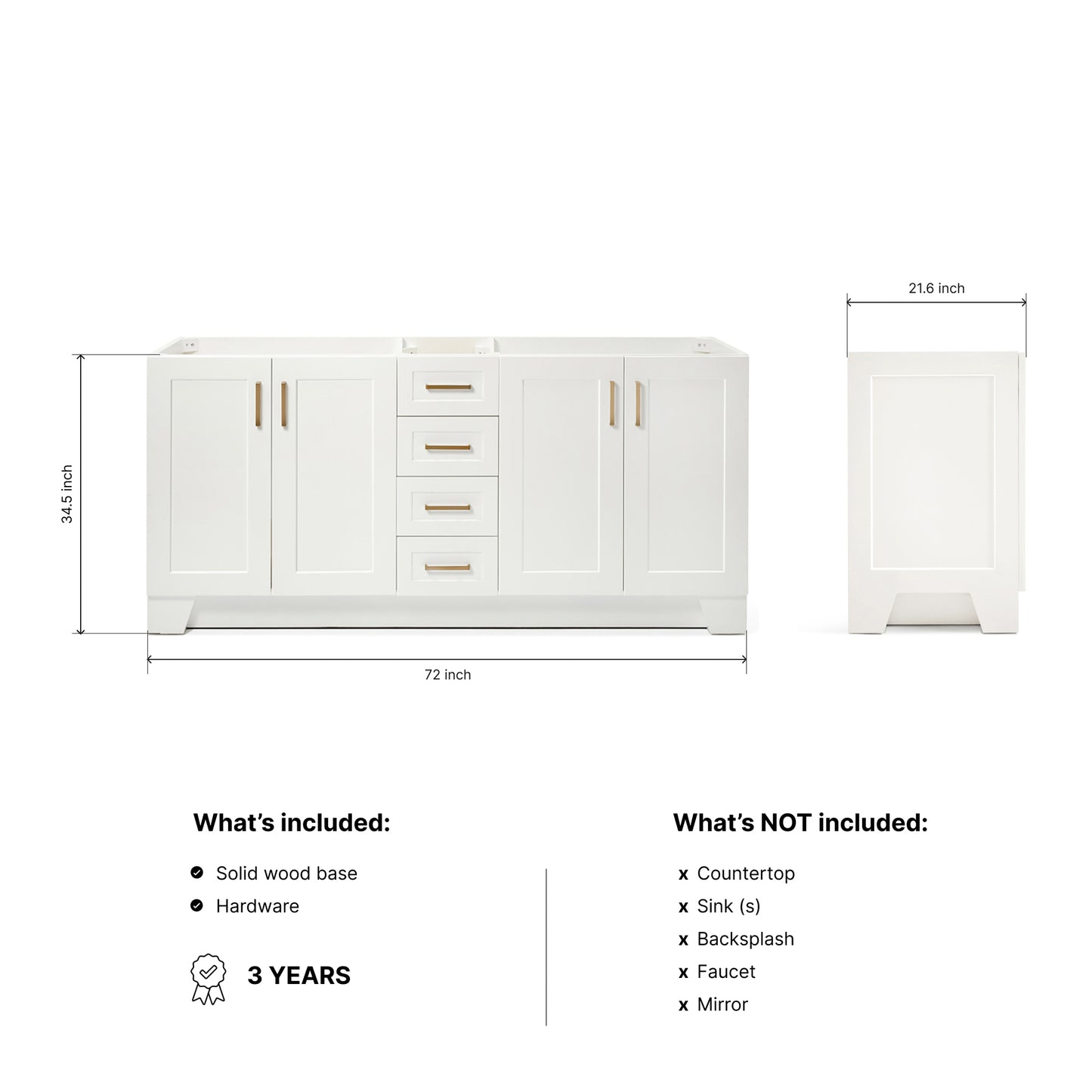 Emilia 72-inch White base cabinet on dimensions