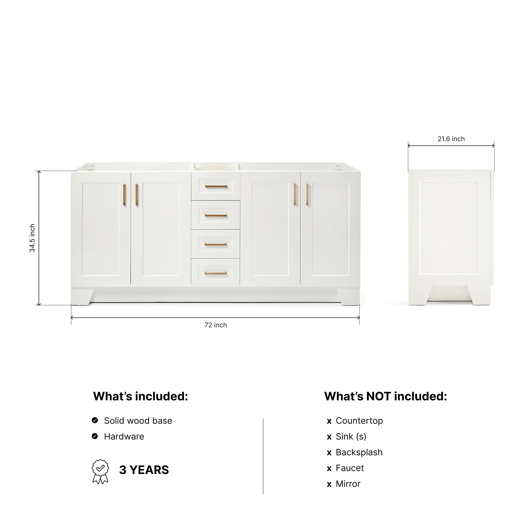 Emilia 72-inch White base cabinet on dimensions