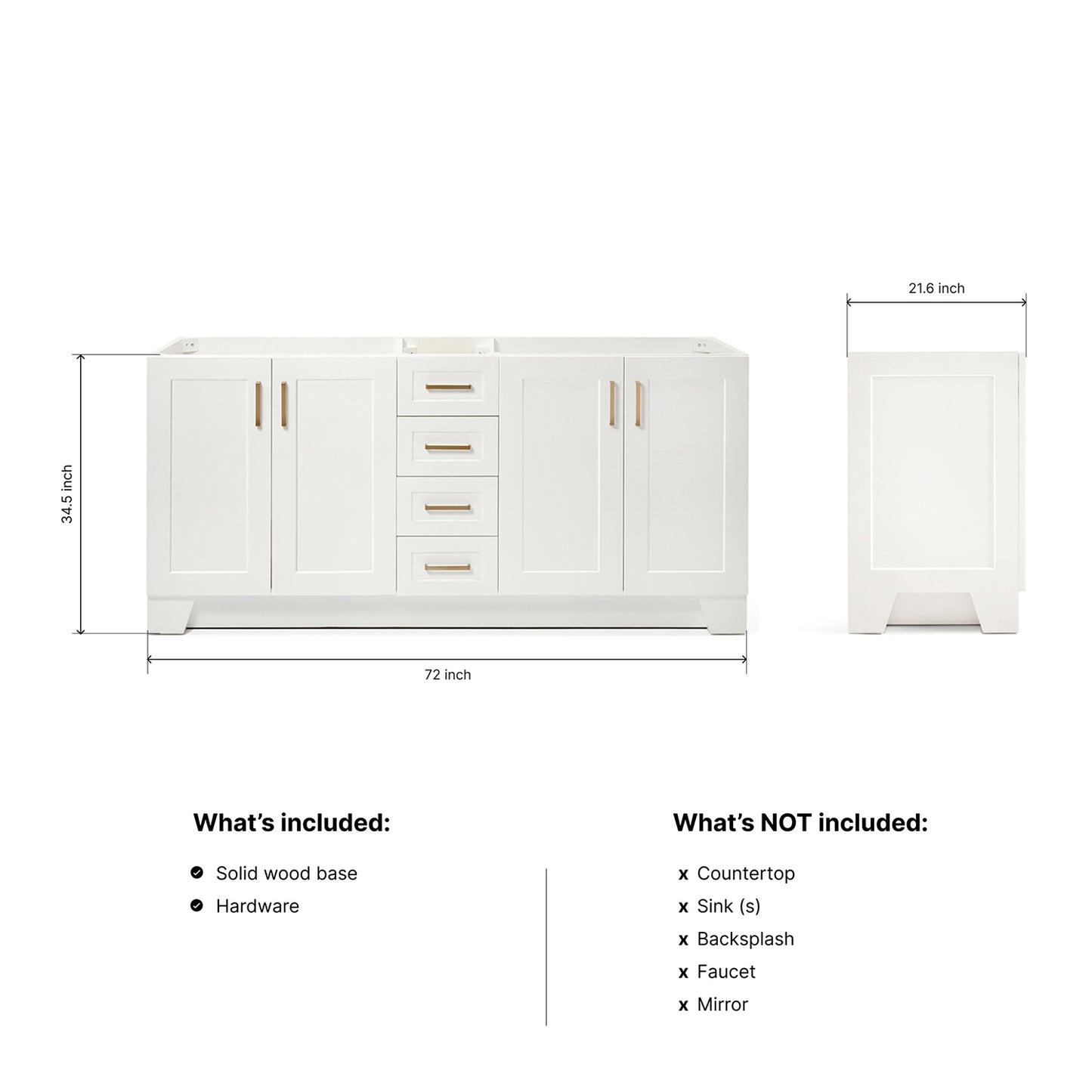 Emilia 72-inch White base cabinet on dimensions