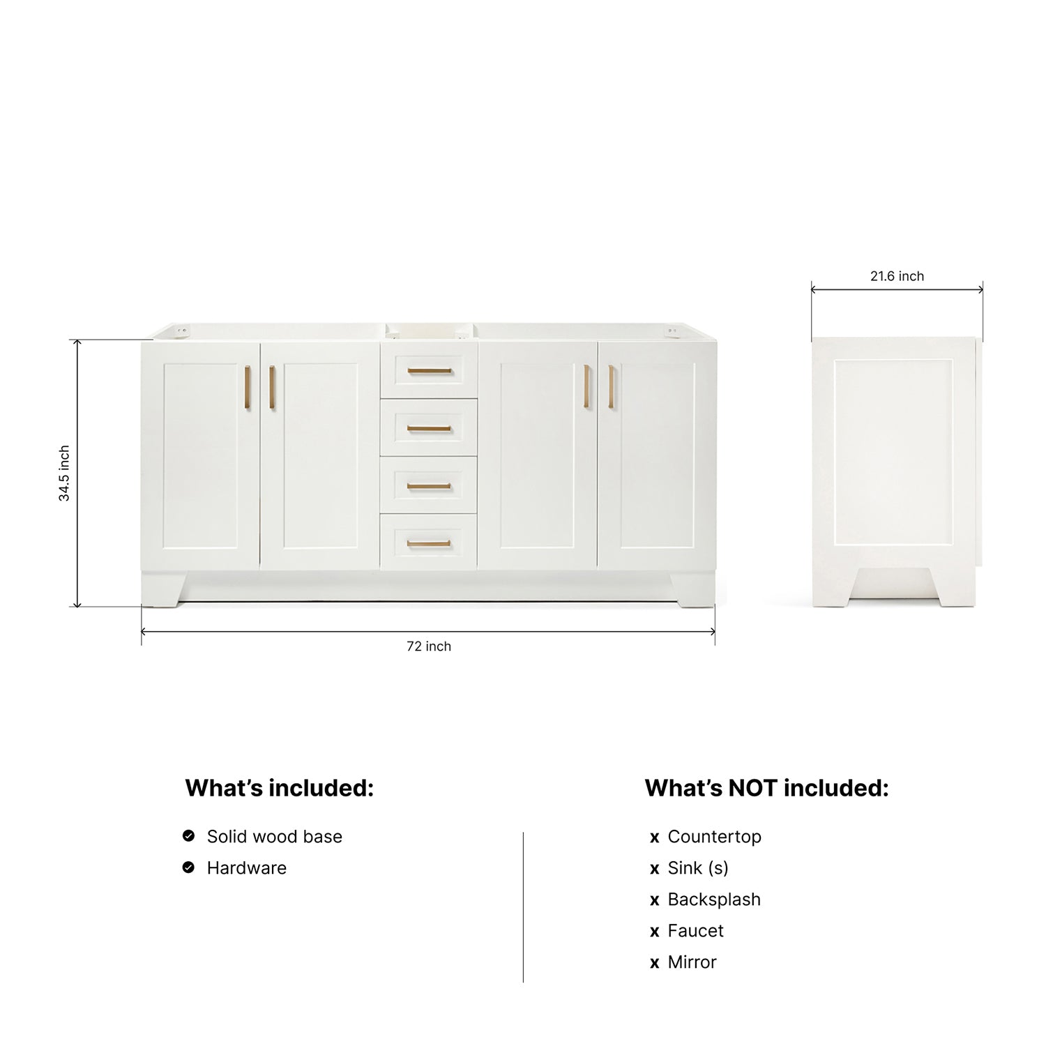 Emilia 72-inch White base cabinet on dimensions