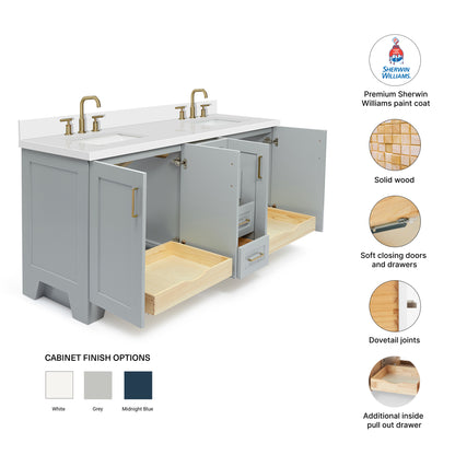 Emilia 72-Inch Grey bathroom vanity – feature highlights: solid wood frame, soft-close doors and drawers, Sherwin-Williams paint finish