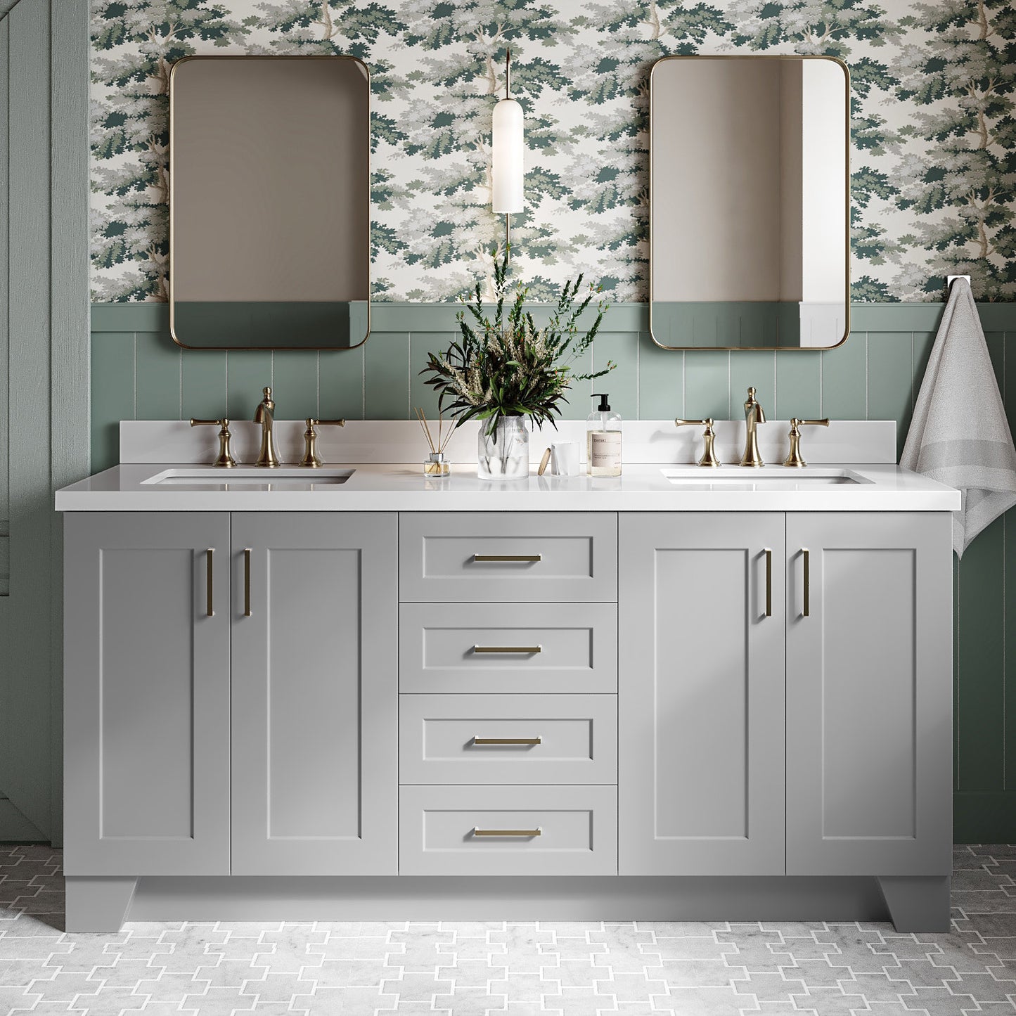 Emilia 72-Inch Grey bathroom vanity in styled bathroom setting