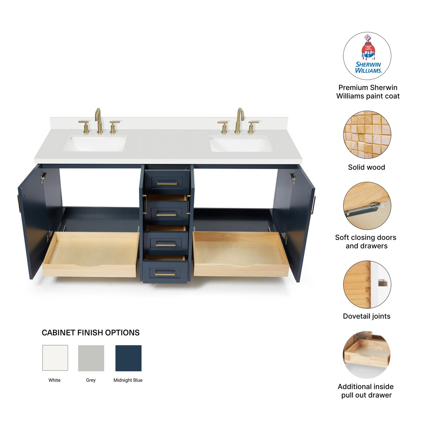 Emilia 72-Inch Midnight Blue bathroom vanity – feature highlights: solid wood frame, soft-close doors and drawers, Sherwin-Williams paint finish