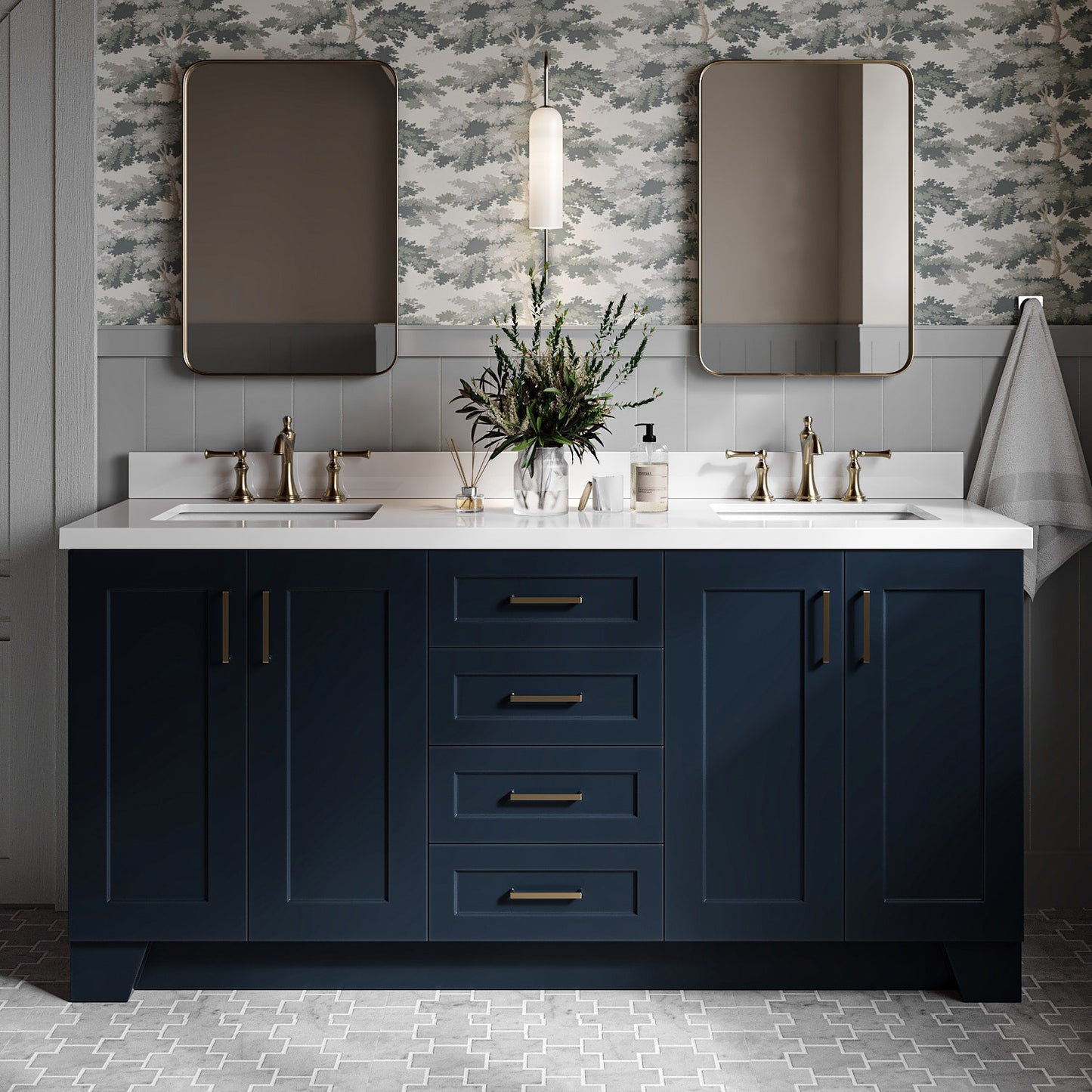 Emilia 72-Inch Midnight Blue bathroom vanity in styled bathroom setting