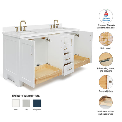 Emilia 72-Inch White bathroom vanity – feature highlights: solid wood frame, soft-close doors and drawers, Sherwin-Williams paint finish