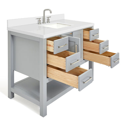 Olivia 42-inch Grey bathroom vanity on white back ground side view open door
