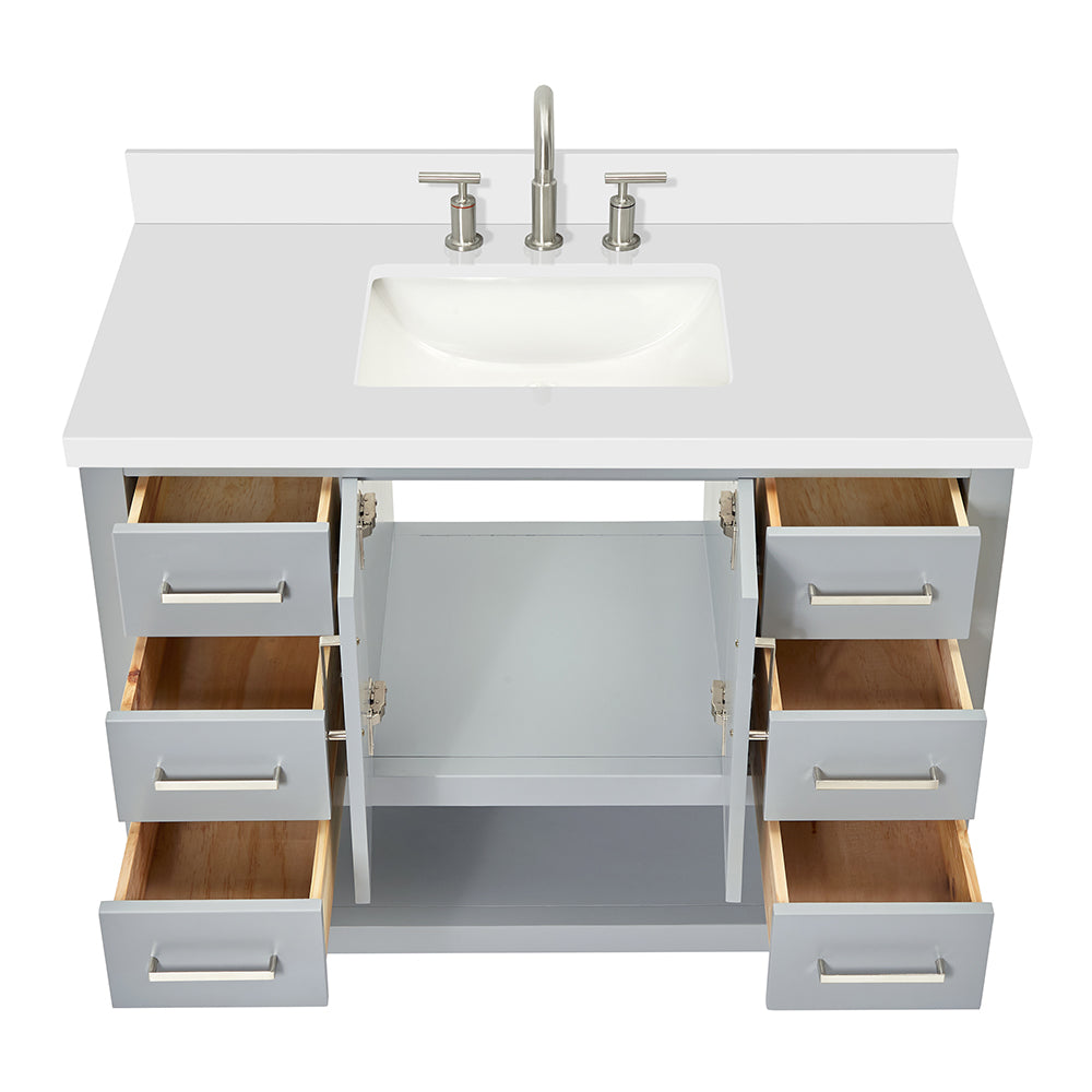 Olivia 42-inch Grey bathroom vanity on white back ground front view open door