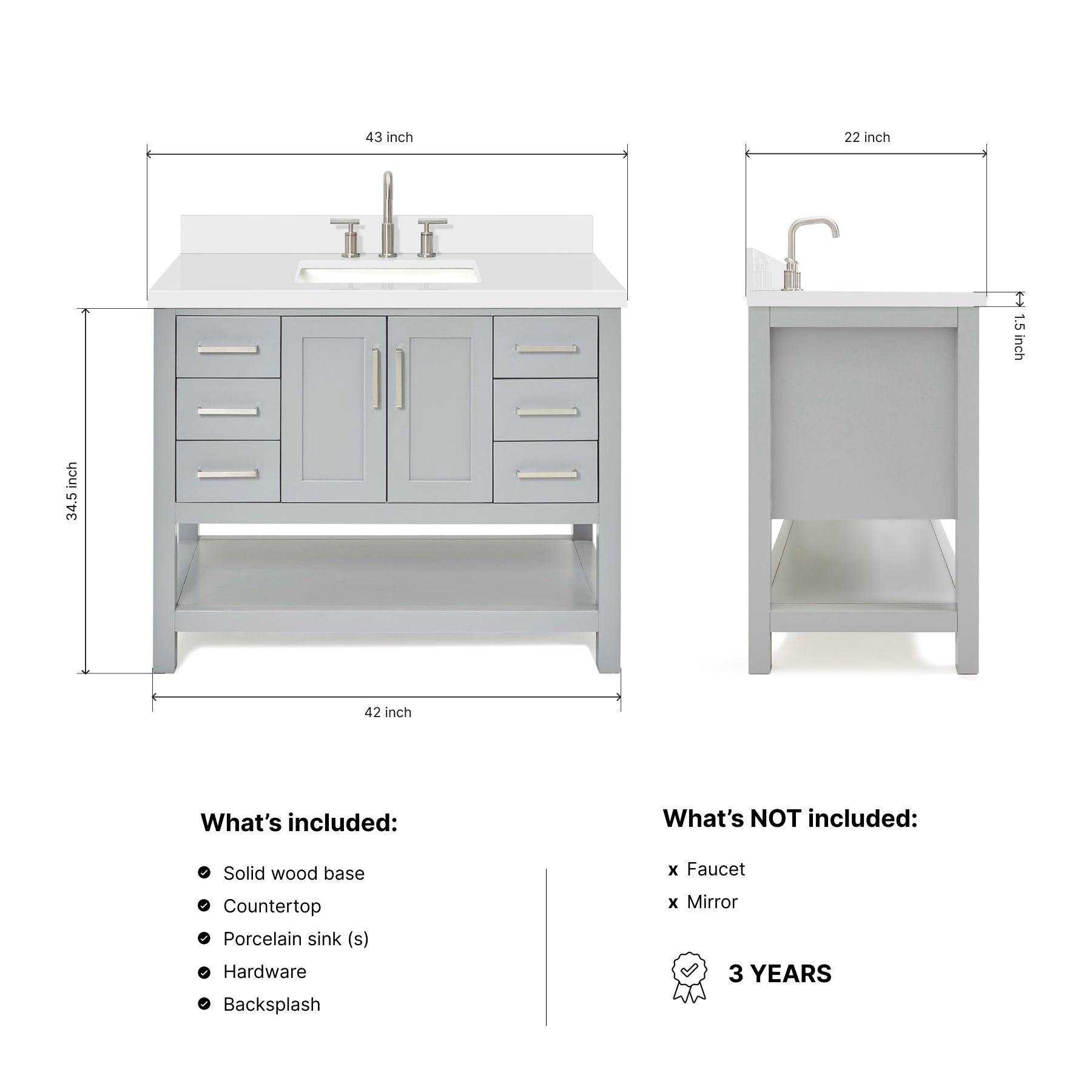 Olivia 42-inch Grey bathroom vanity on dimensions