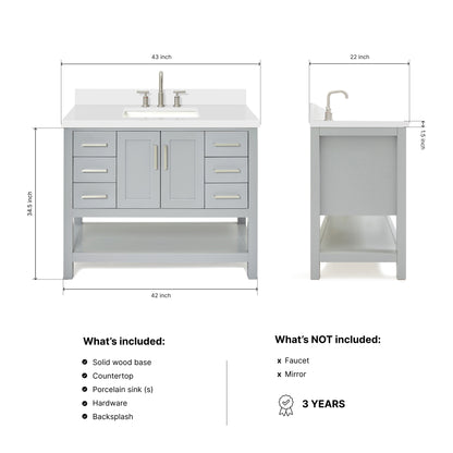 Olivia 42-inch Grey bathroom vanity on dimensions