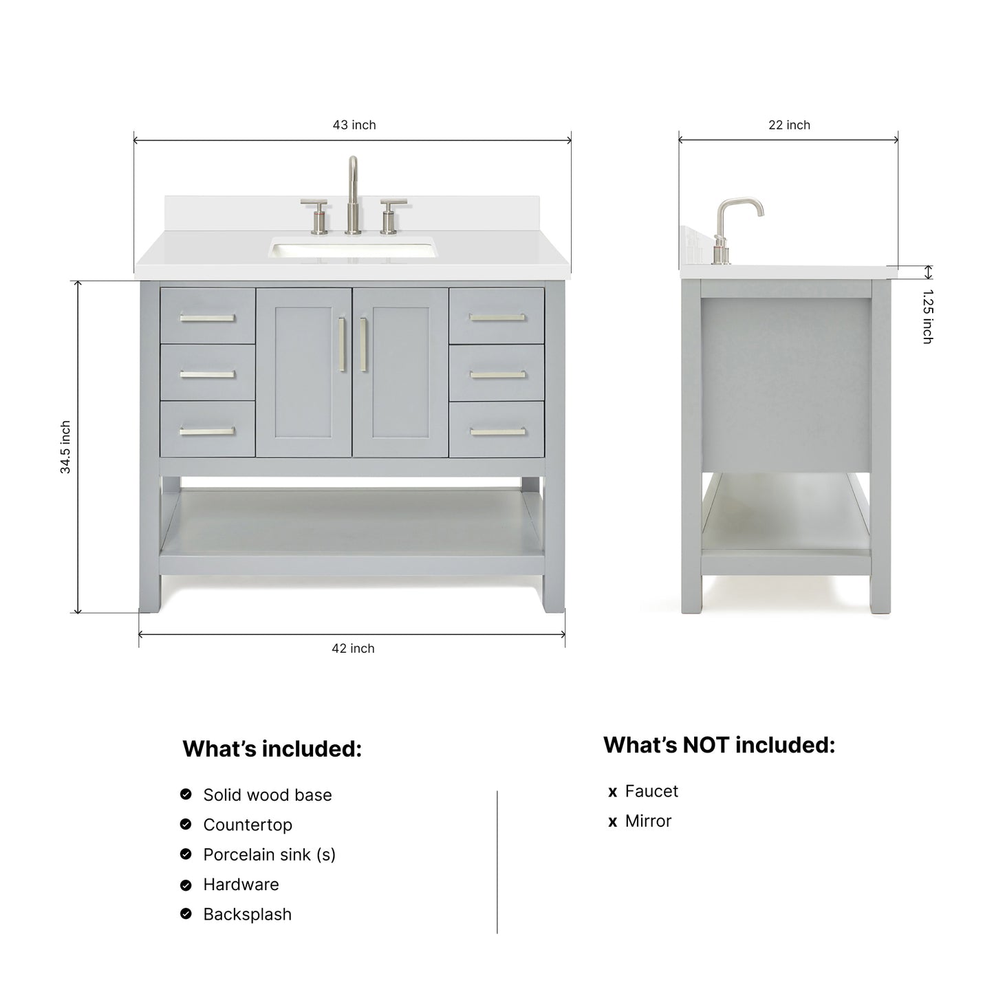 Olivia 42-inch Grey bathroom vanity on dimensions