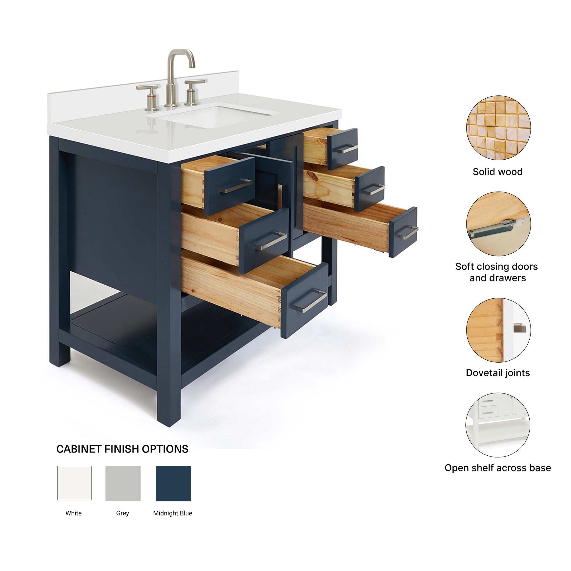 Olivia 42-inch Midnight Blue bathroom vanity on feature highlights: solid wood frame, soft-close doors and drawers, Sherwin-Williams paint finish