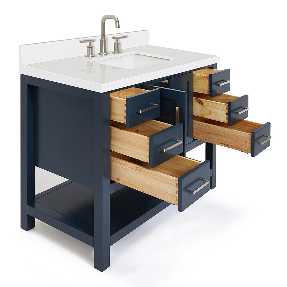 Olivia 42-inch Midnight Blue bathroom vanity on white back ground side view open door