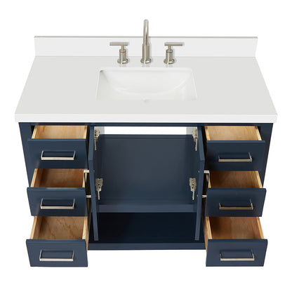 Olivia 42-inch Midnight Blue bathroom vanity on white back ground front view open door