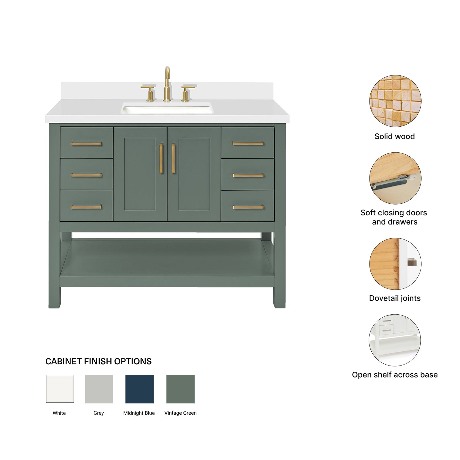 Olivia 42-inch Vintage Green bathroom vanity on feature highlights: solid wood frame, soft-close doors and drawers, Sherwin-Williams paint finish