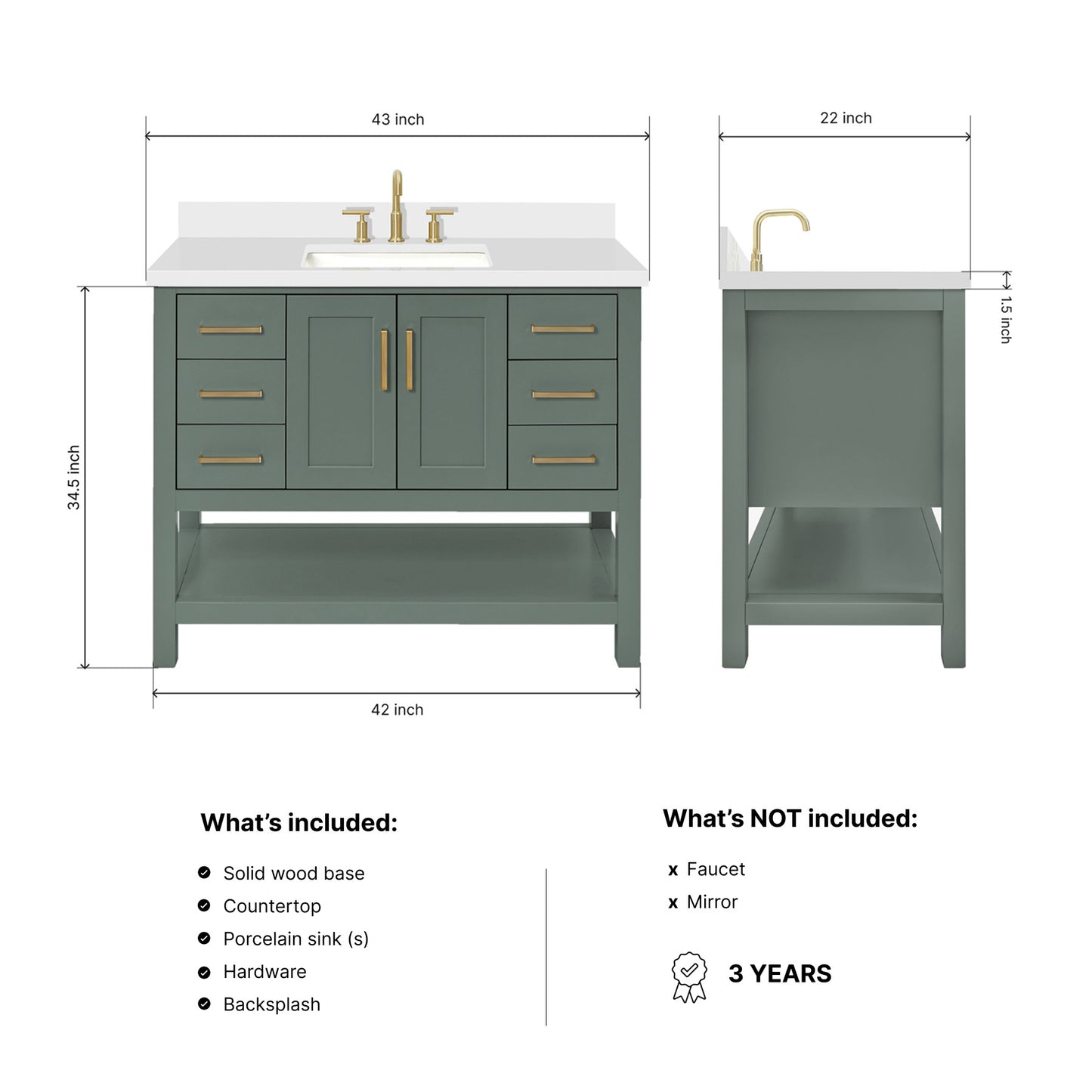 Olivia 42-inch Vintage Green bathroom vanity on dimensions