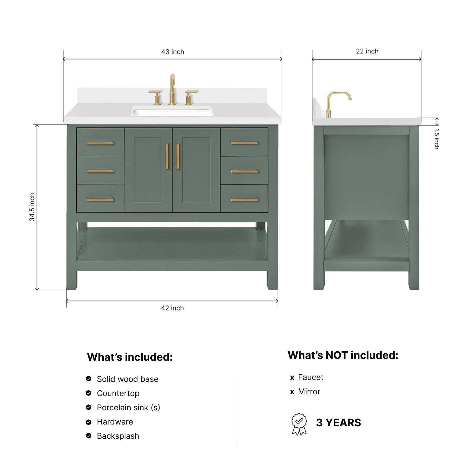 Olivia 42-inch Vintage Green bathroom vanity on dimensions