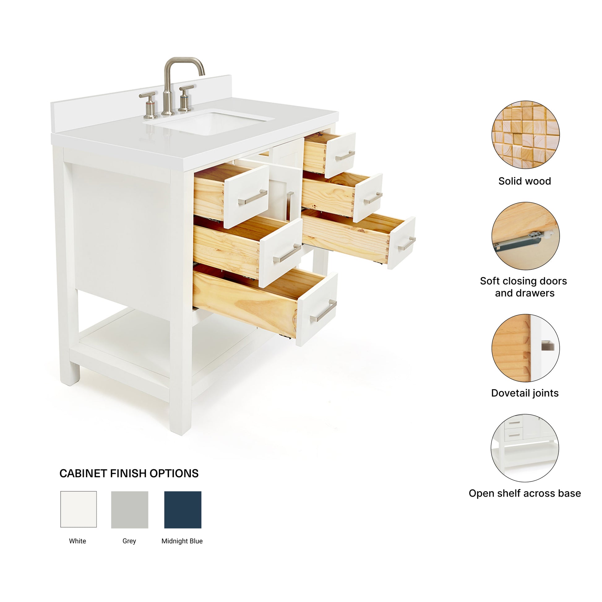 Olivia 42-inch White bathroom vanity on feature highlights: solid wood frame, soft-close doors and drawers, Sherwin-Williams paint finish