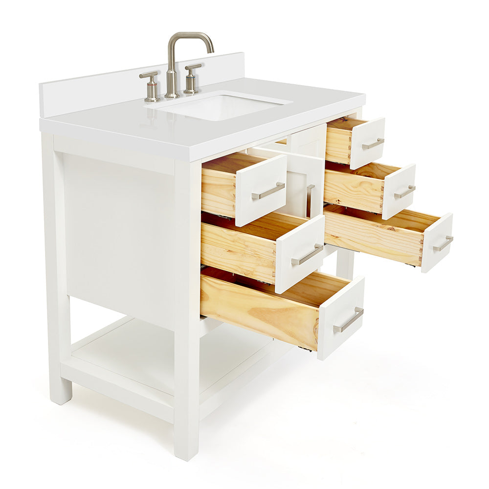 Olivia 42-inch White bathroom vanity on white back ground side view open door