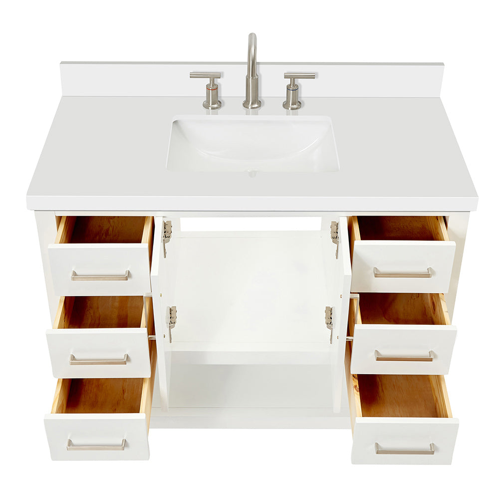 Olivia 42-inch White bathroom vanity on white back ground front view open door