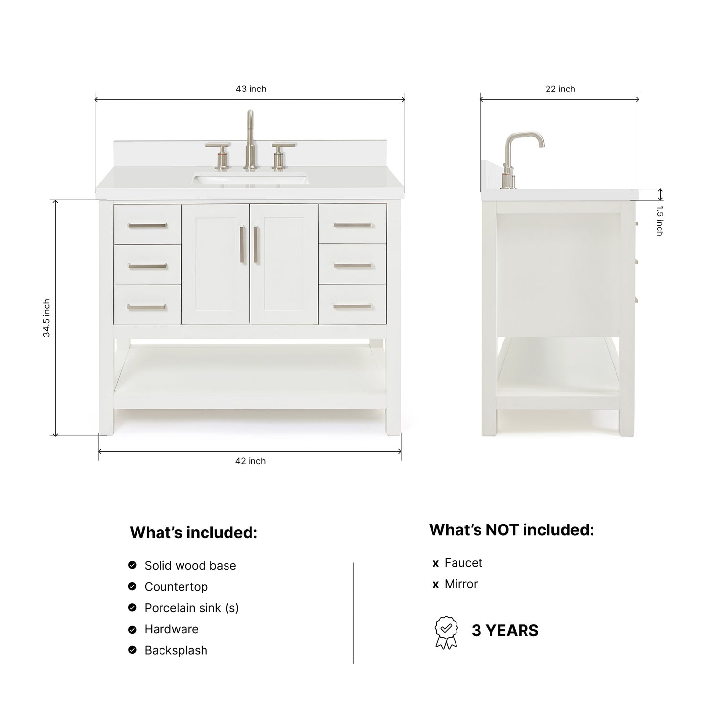 Olivia 42-inch White bathroom vanity on dimensions