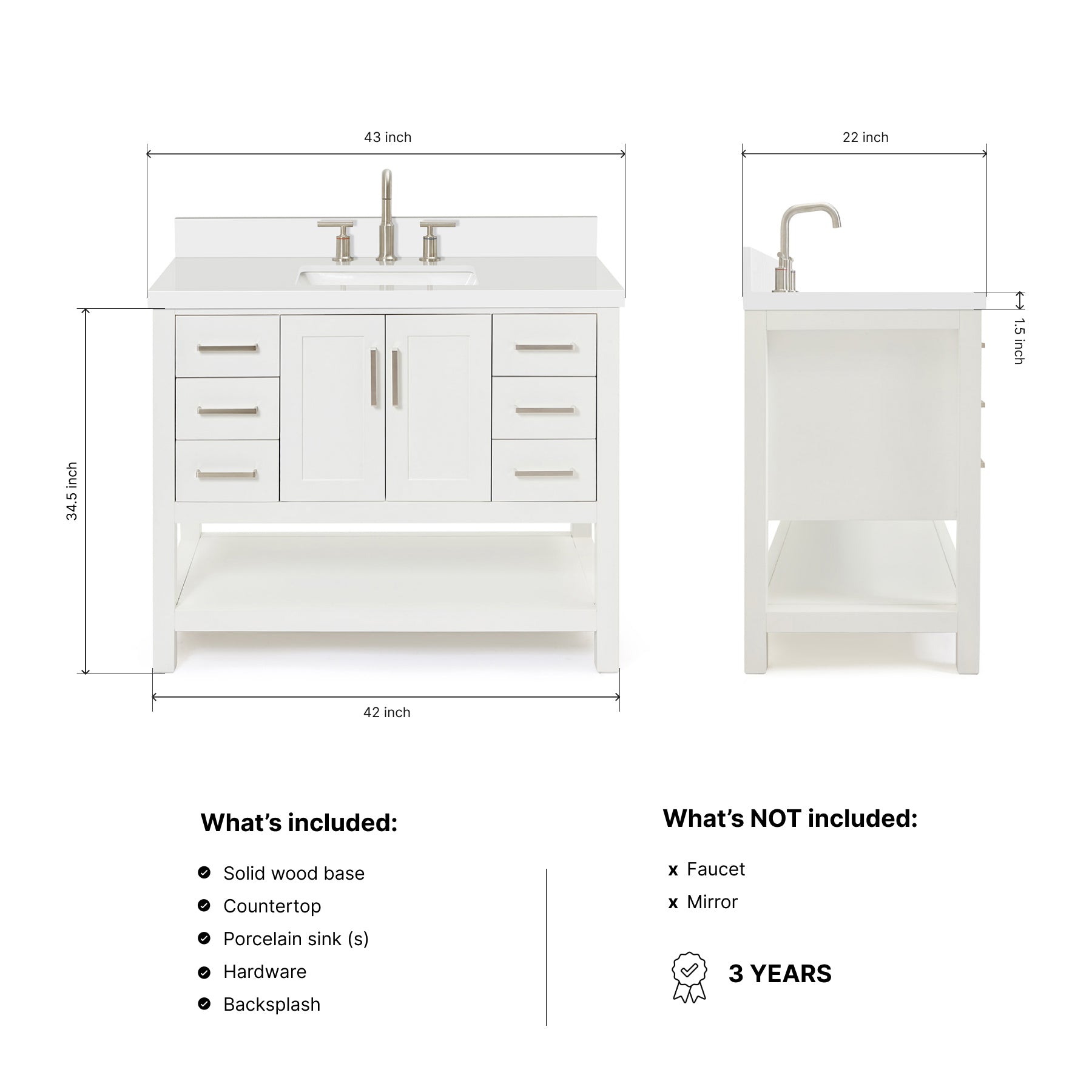 Olivia 42-inch White bathroom vanity on dimensions
