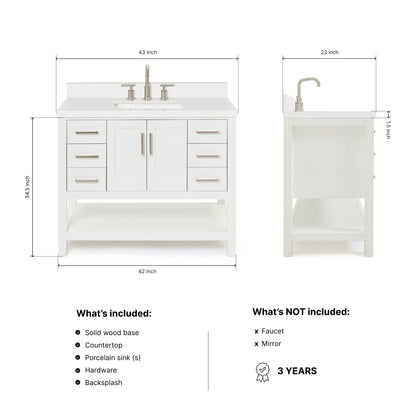 Olivia 42-inch White bathroom vanity on dimensions