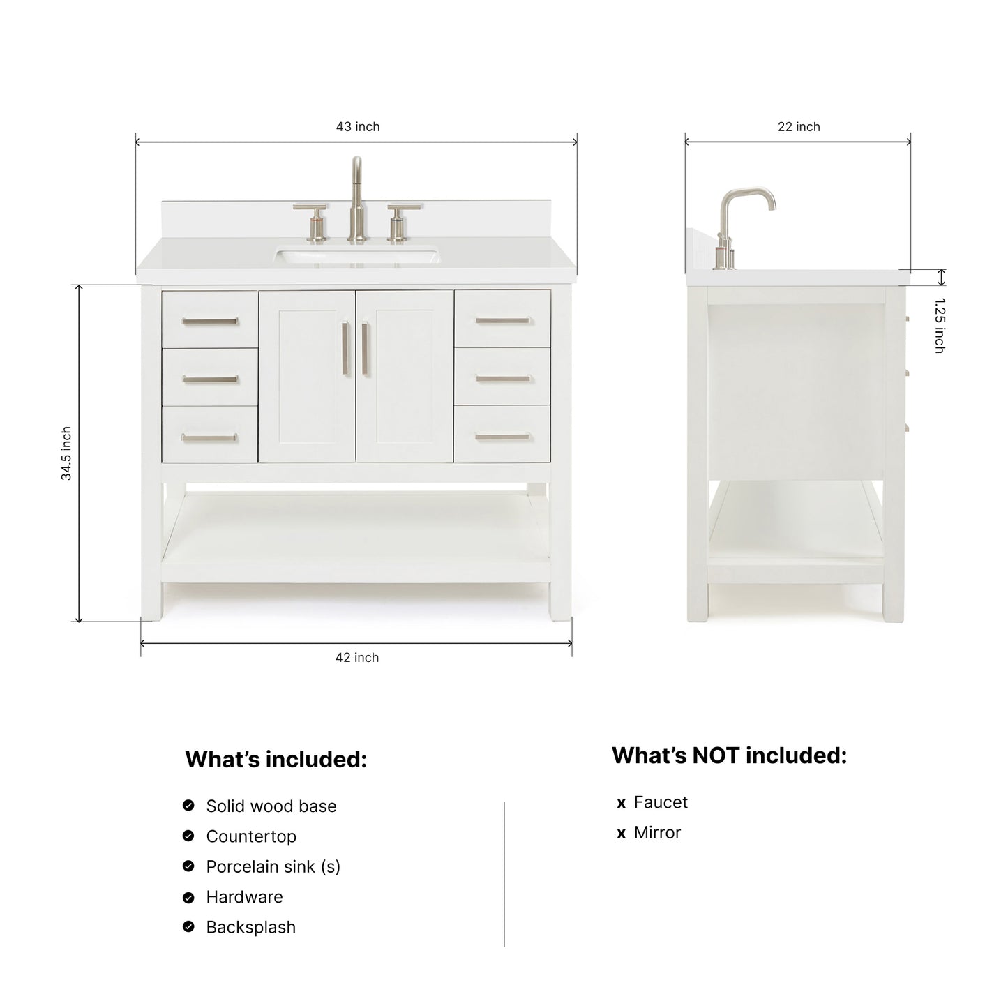 Olivia 42-inch White bathroom vanity on dimensions