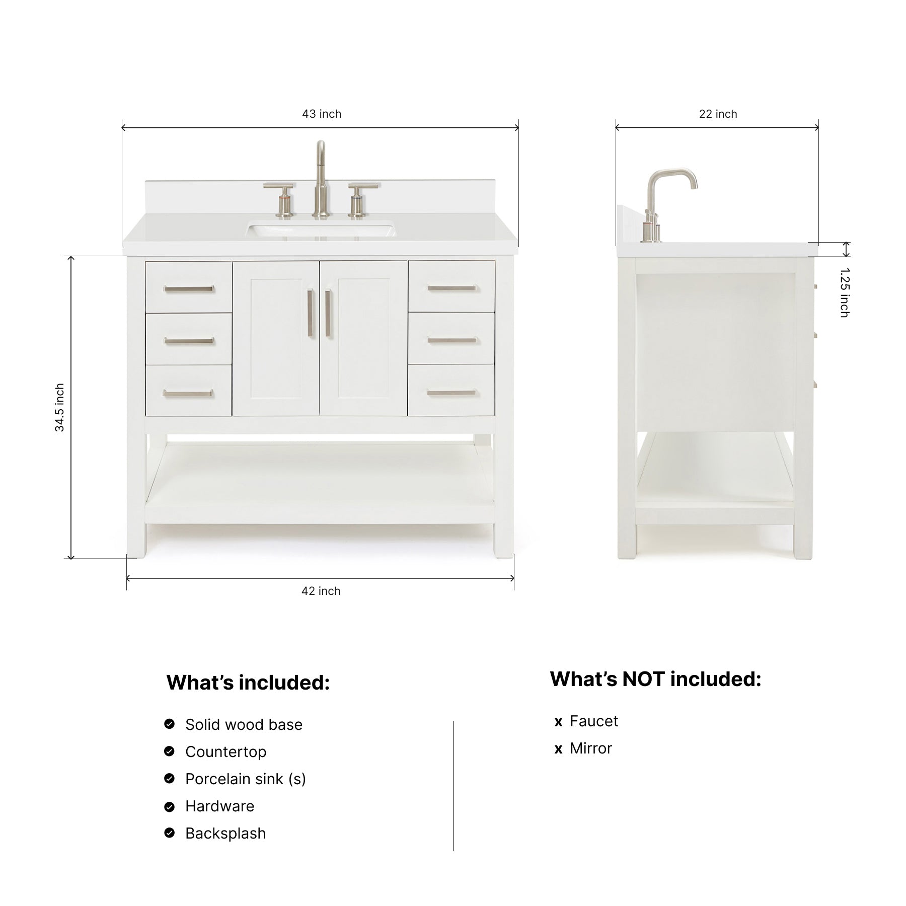 Olivia 42-inch White bathroom vanity on dimensions