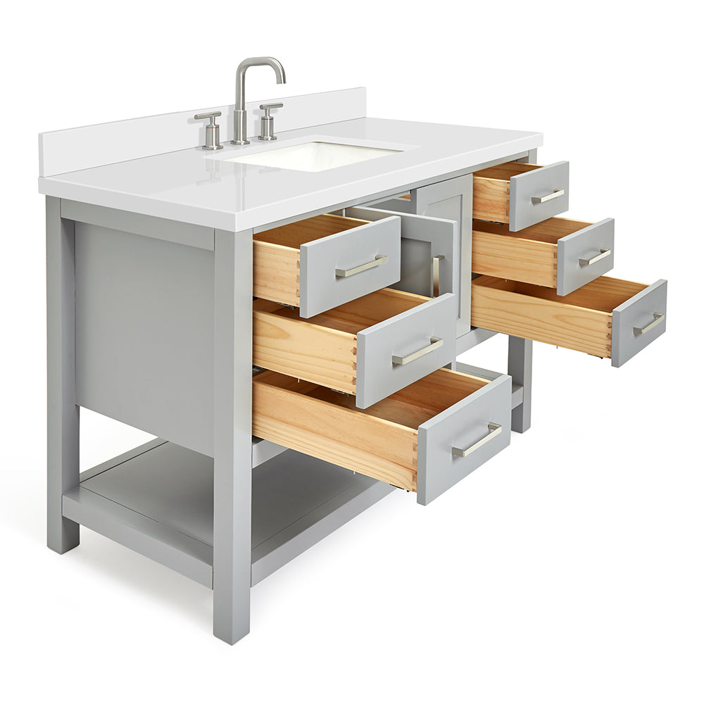 Olivia 48-inch Grey bathroom vanity on white back ground side view open door