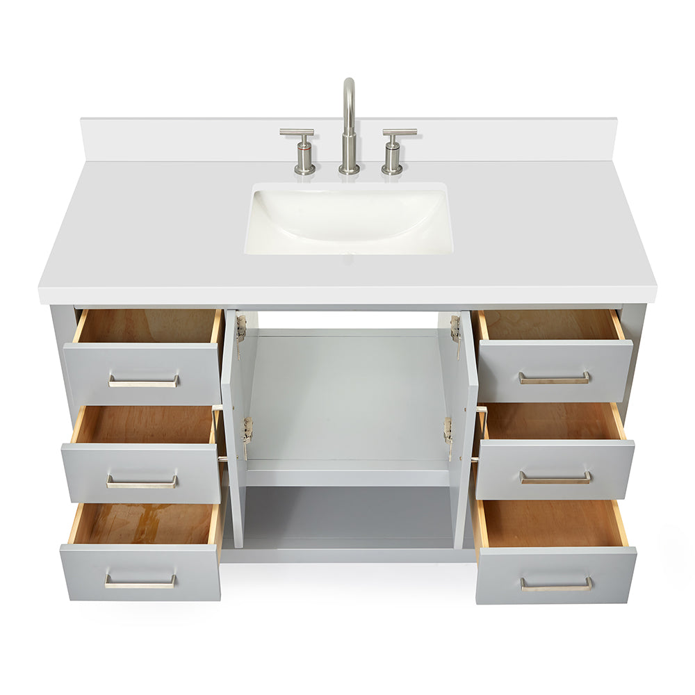 Olivia 48-inch Grey bathroom vanity on white back ground front view open door