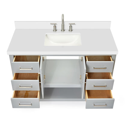 Olivia 48-inch Grey bathroom vanity on white back ground front view open door