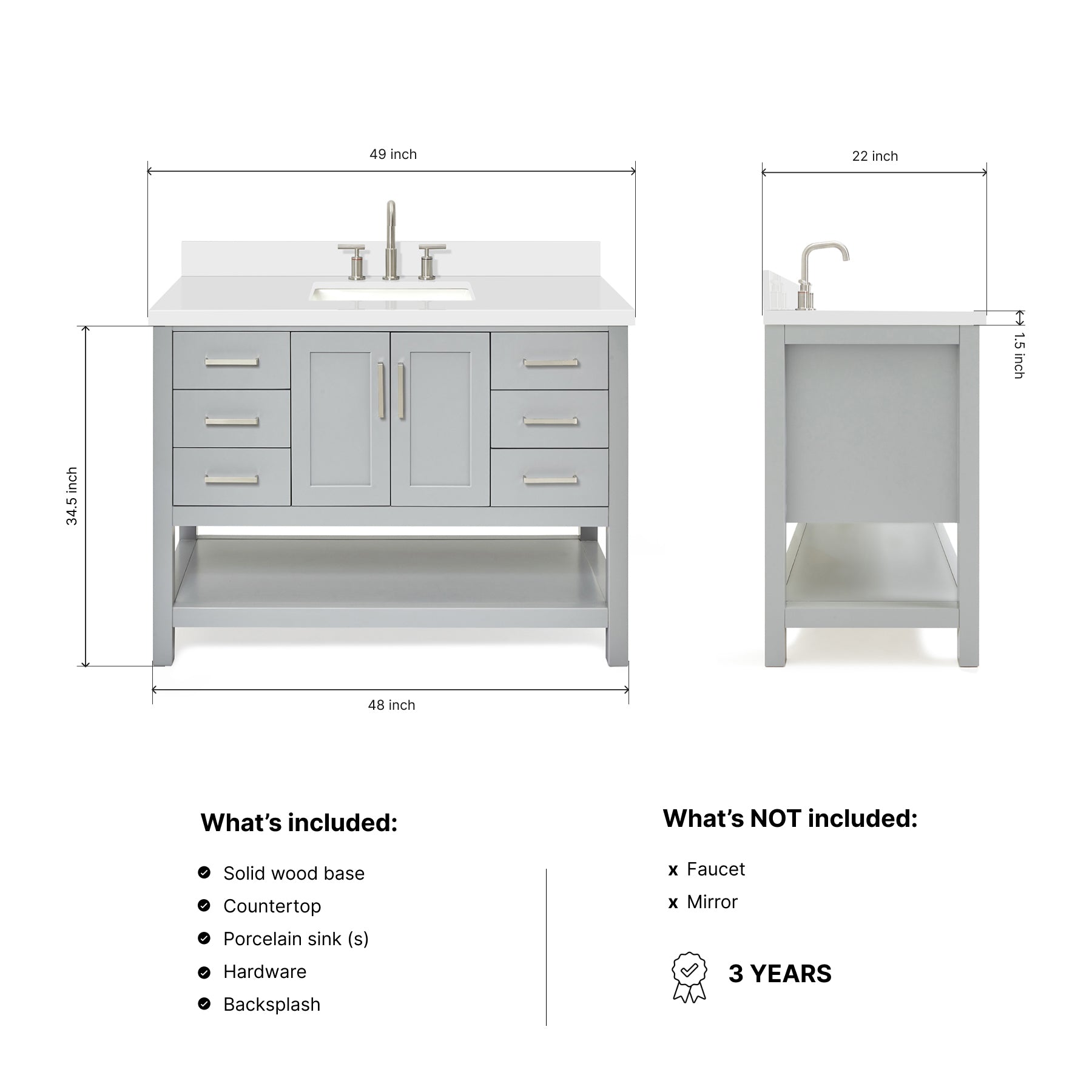 Olivia 48-inch Grey bathroom vanity on dimensions