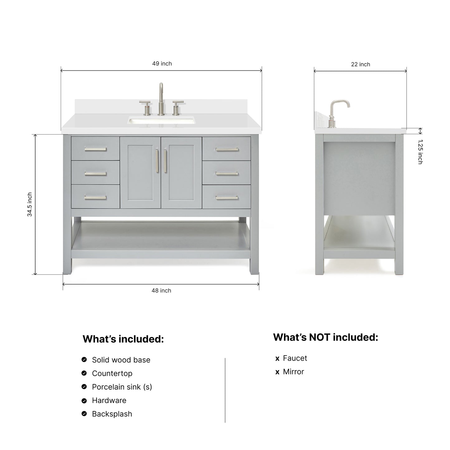 Olivia 48-inch Grey bathroom vanity on dimensions