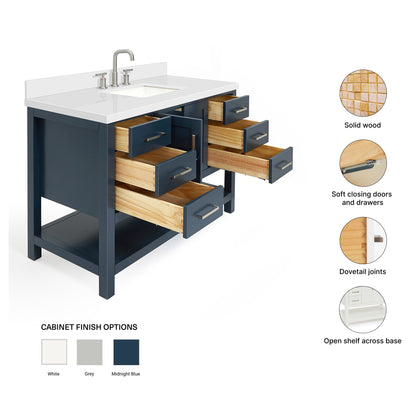 Olivia 48-inch Midnight Blue bathroom vanity on feature highlights: solid wood frame, soft-close doors and drawers, Sherwin-Williams paint finish