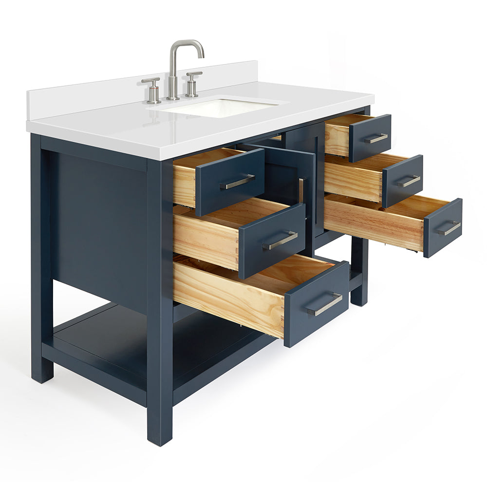 Olivia 48-inch Midnight Blue bathroom vanity on white back ground side view open door