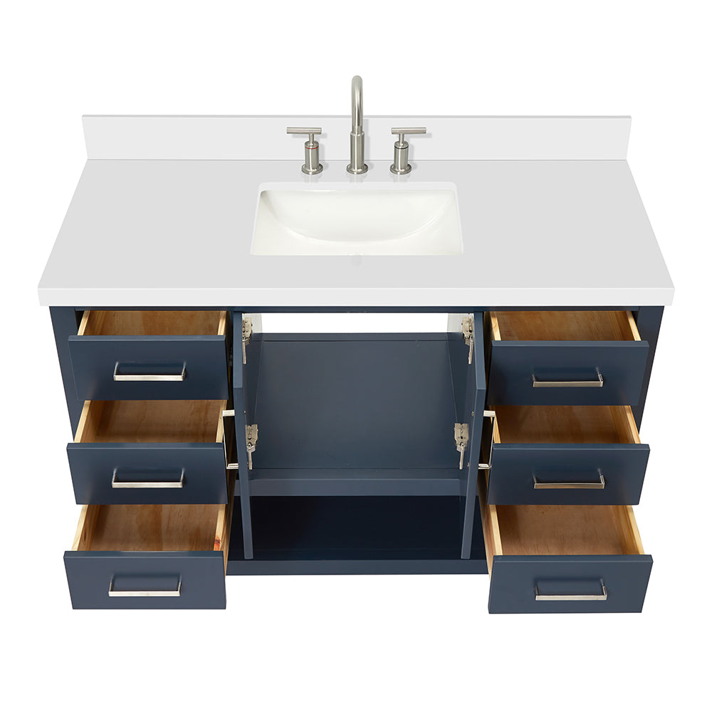 Olivia 48-inch Midnight Blue bathroom vanity on white back ground front view open door