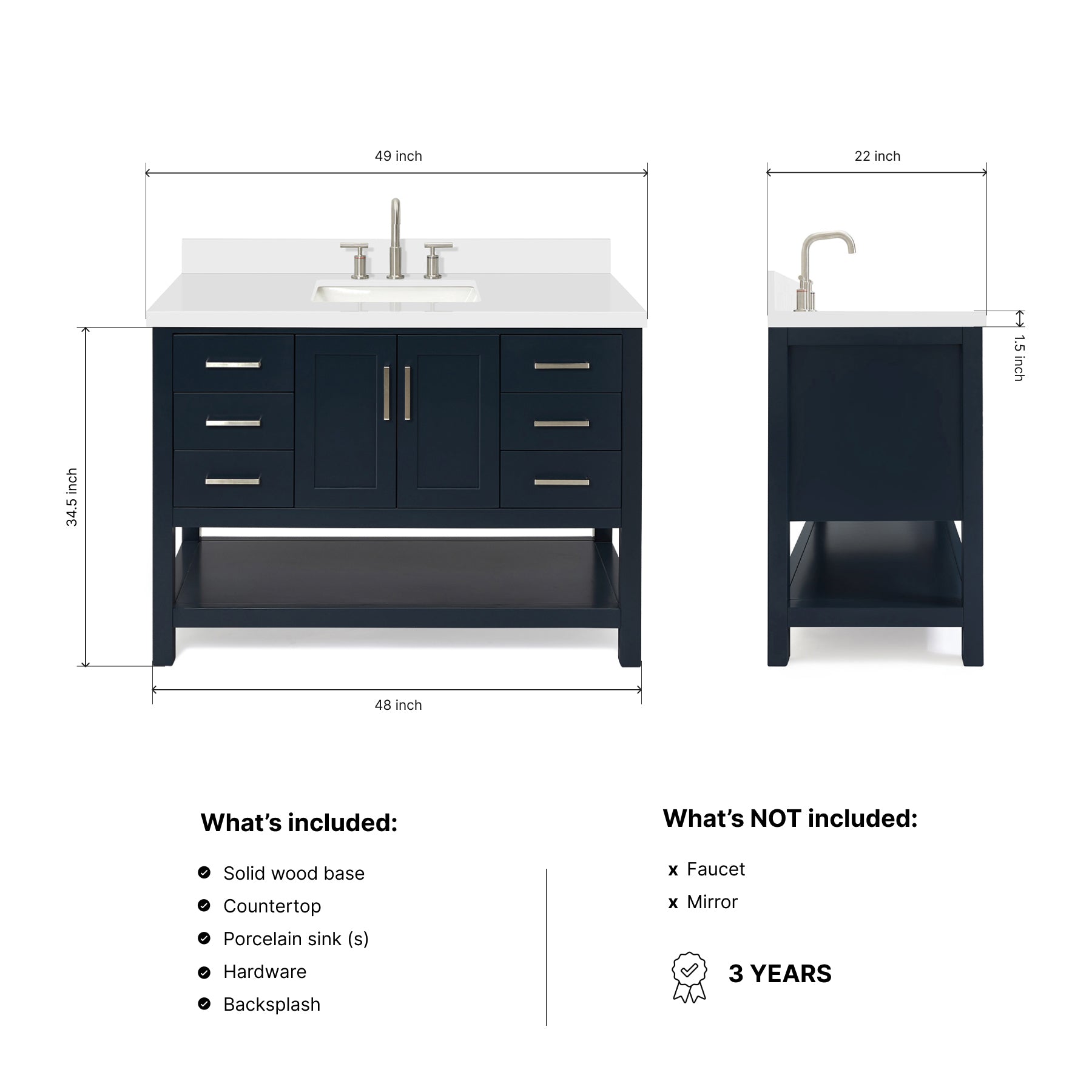 Olivia 48-inch Midnight Blue bathroom vanity on dimensions