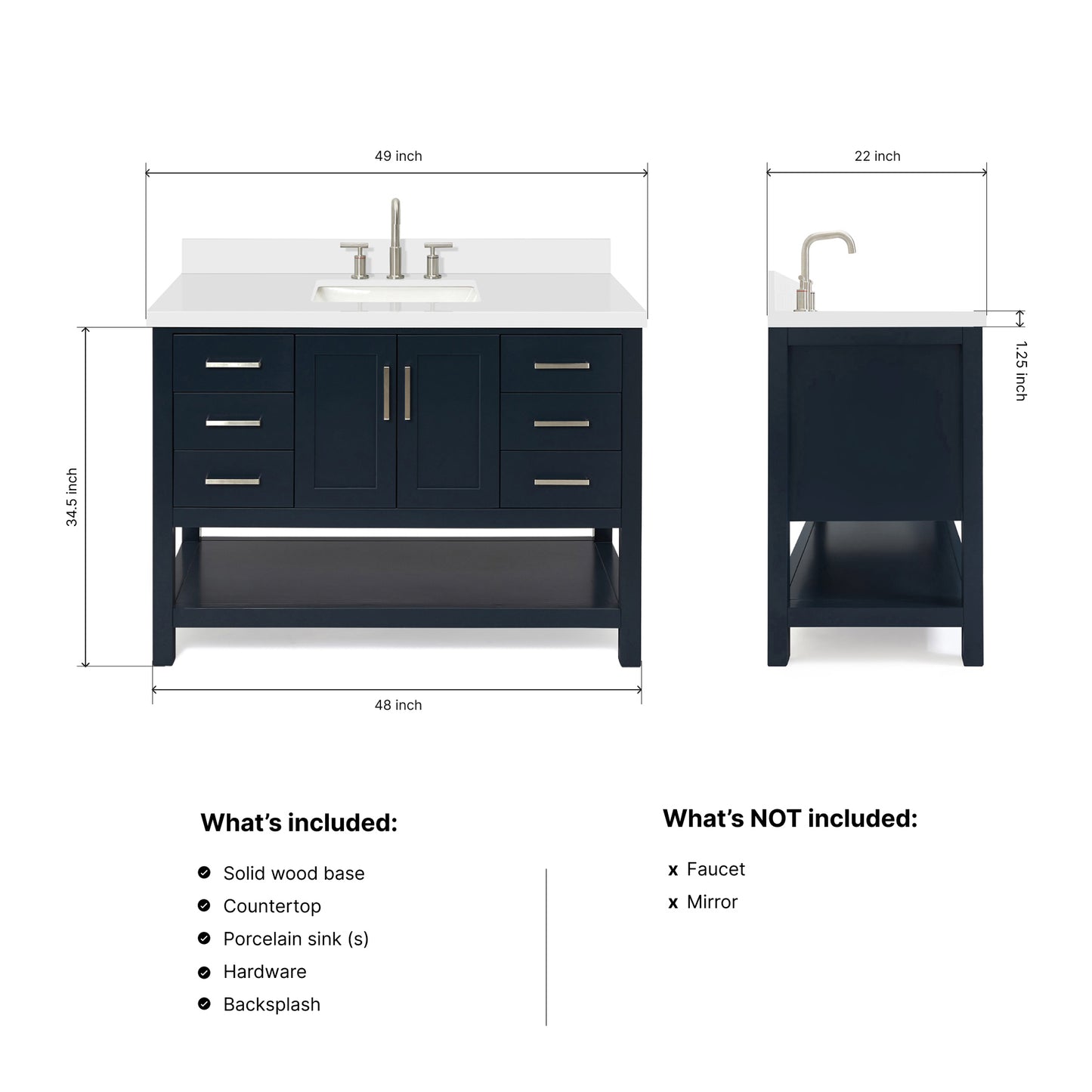 Olivia 48-inch Midnight Blue bathroom vanity on dimensions