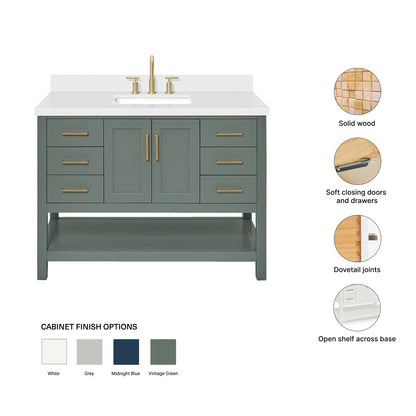 Olivia 48-inch Vintage Green bathroom vanity on feature highlights: solid wood frame, soft-close doors and drawers, Sherwin-Williams paint finish