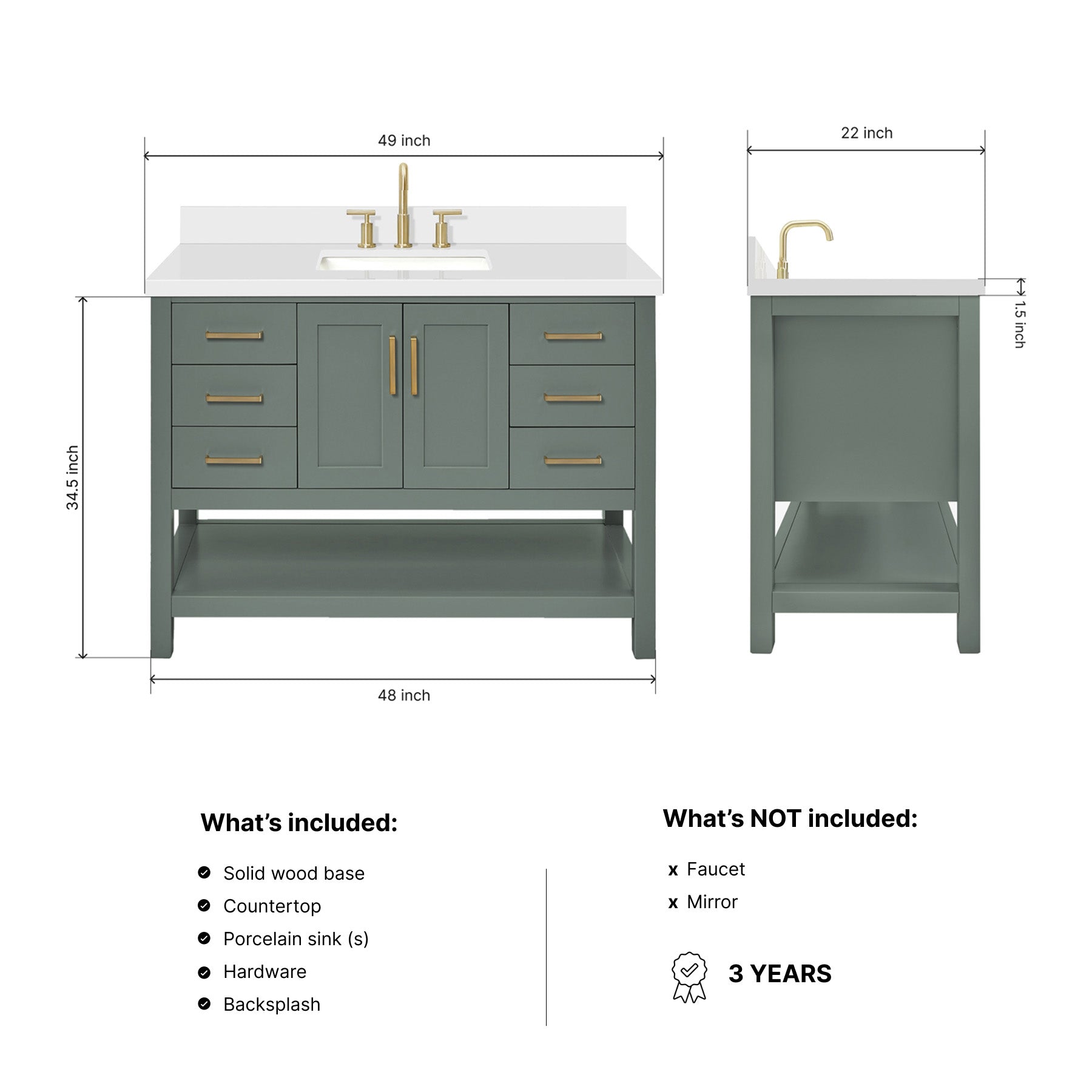 Olivia 48-inch Vintage Green bathroom vanity on dimensions
