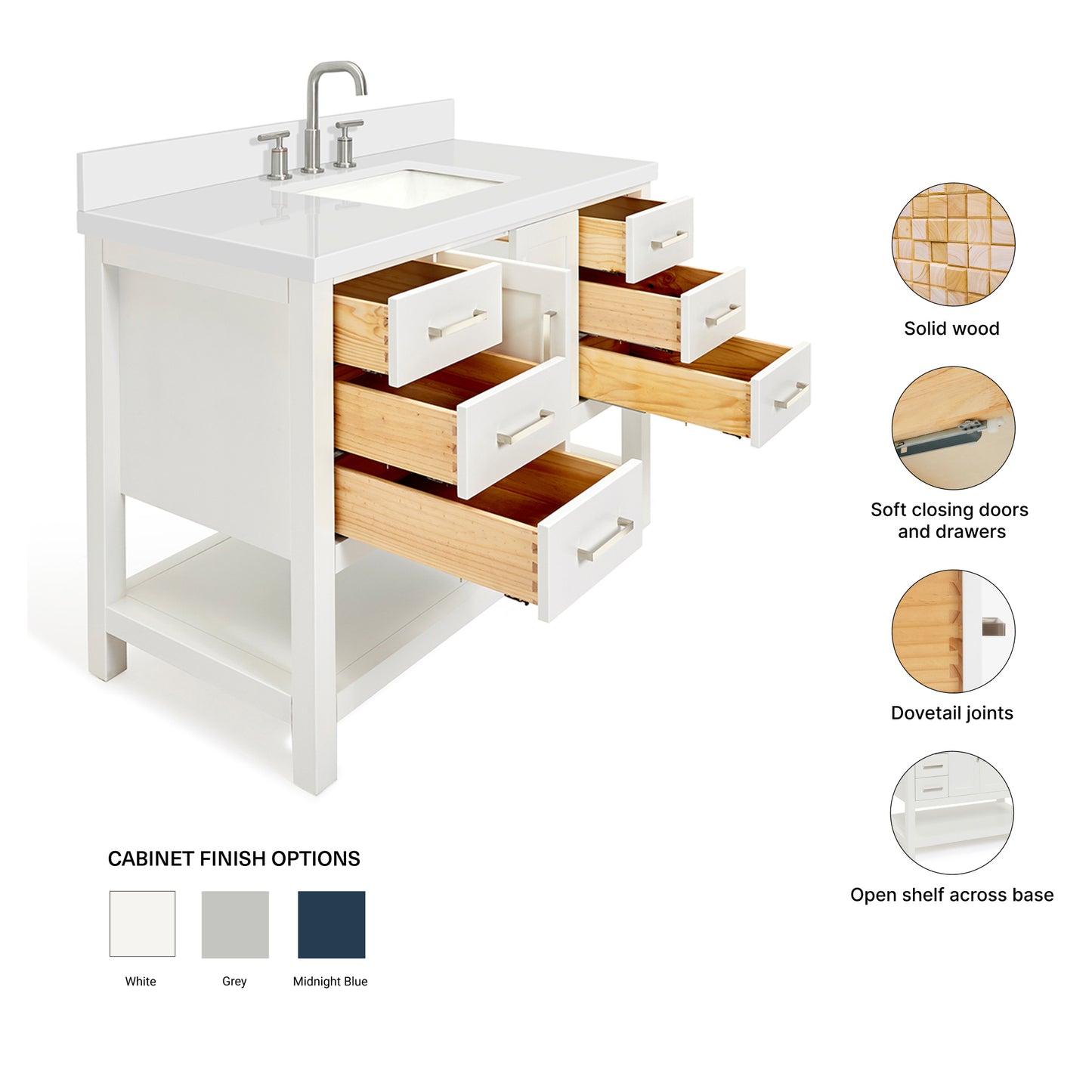 Olivia 48-inch White bathroom vanity on feature highlights: solid wood frame, soft-close doors and drawers, Sherwin-Williams paint finish