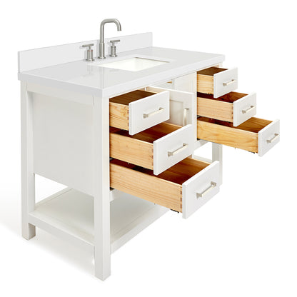 Olivia 48-inch White bathroom vanity on white back ground side view open door