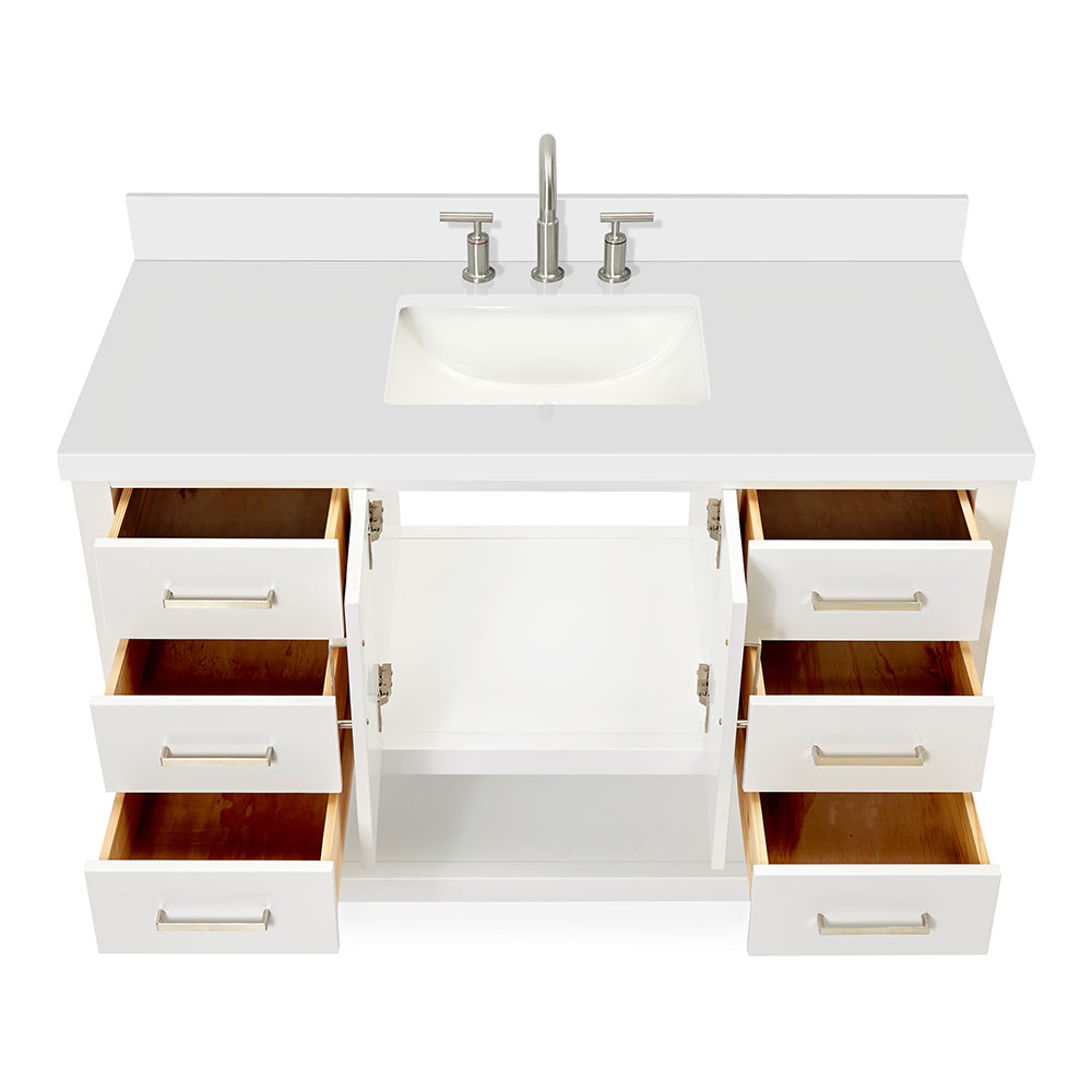 Olivia 48-inch White bathroom vanity on white back ground front view open door