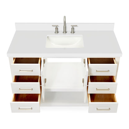 Olivia 48-inch White bathroom vanity on white back ground front view open door
