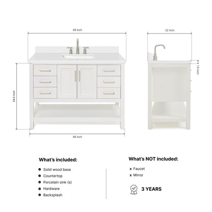 Olivia 48-inch White bathroom vanity on dimensions