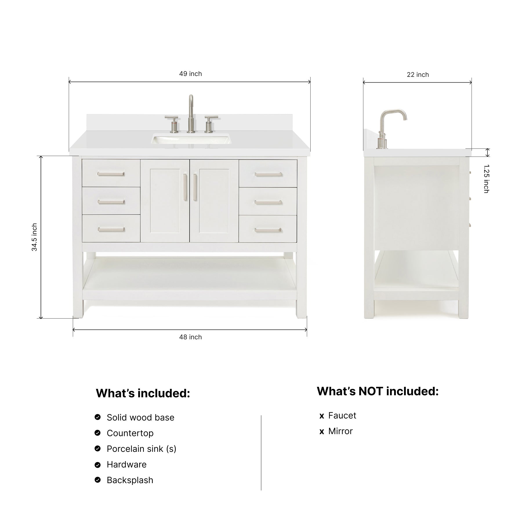 Olivia 48-inch White bathroom vanity on dimensions