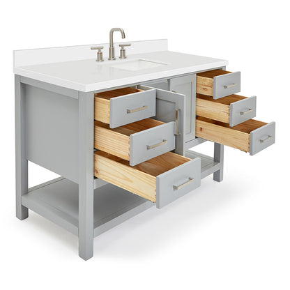 Olivia 54-inch Grey bathroom vanity on white back ground side view open door